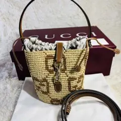 夏 希少 GUCCI ウーヴン ミニバケット GG柄 ラフィア 2way バッグのサムネイル