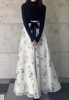 GRL リボンベルト付きニットドッキング花柄ワンピース[dr821]