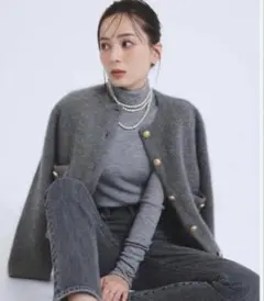 ラクーンブレンドノーカラーニットジャケット anuans アニュアンス