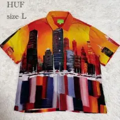 HUF総柄 オープンカラー 半袖シャツ 　アロハシャツ 都市風景デザイン　Lのサムネイル