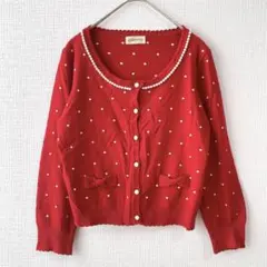 ロディスポット 長袖カーディガン 赤 パール ドット柄 M