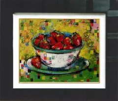 油絵 菅家令子絵画インテリア額付(青緑＋金色の枠)uF6-061003 果物と器