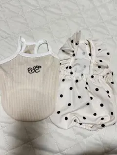 犬服 2点セット ベージュタンクトップと水玉ドレス