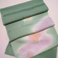 和装小物 正絹 落ちついた少し暗い目の緑と淡い紫の帯揚げ