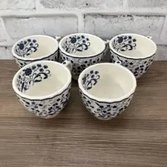 D4② 【昭和レトロ】ブルー小花柄 両手付きスープカップ 5客セット