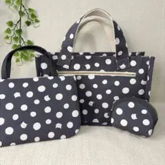 ハンドメイド♡ミニトートバッグとお揃いセット　水玉と猫　グレー