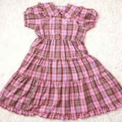 PUNYUS ピンクチェック ティアードワンピース パフ袖 大きいサイズ3