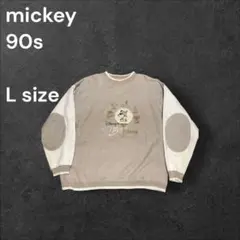 90s Disney MICKEY 刺繍スウェット グレーエルボーパッチグランジ