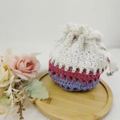 巾着袋　ハンドメイド　ポーチ　コットン毛糸　花柄