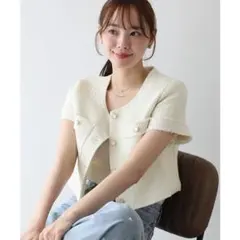 【新品タグ付/'25】BLUEEAST 半袖ツイードジャケットM 白