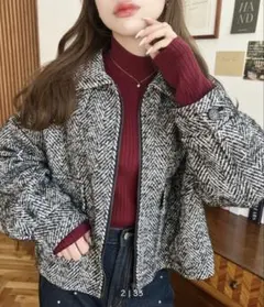 ヘリンボーンパターンショートジャケット Lサイズ 2way 秋服 冬服