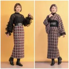 ウール着物　リメイク　セットアップ　簡単和洋折衷コーデ　Mサイズ　チェック