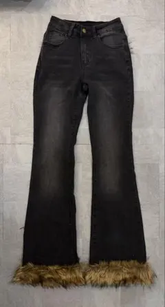 平成 グランジ ギャル y2k ブラック フレアデニムパンツ ファー付き