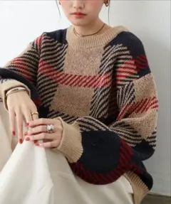 チェックジャガード長袖ニットトップス