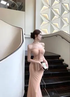 韓国 服 レディース ワンピース ベージュ タイト キャバドレス オフショルダー