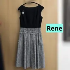美品　Rene 上品ひざ丈ワンピース ブラック チェック　コサージュ付のサムネイル