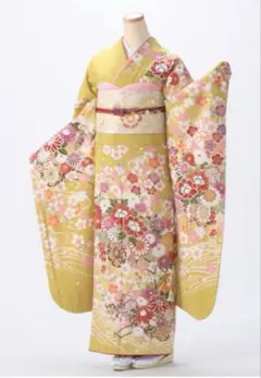 成人式 振袖 花柄 黄色 辛子色 正絹 クリーニング済み