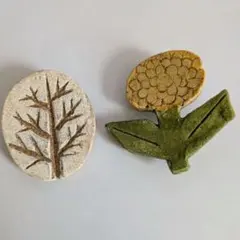 陶土 ブローチ 2点セット 木 花 モチーフ ハンドメイド作家もの