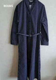 BEAMS シャツワンピース　紺色　ストライプ