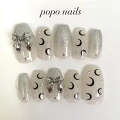 現品ネイルチップ　y2k マリーンセル　韓国　フラッシュ　シルバーリボン