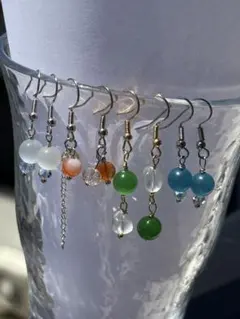 ハンドメイドピアス 4点セット キャッツアイブルー グリーン ホワイト オレンジ