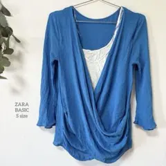 ZARA BASIC【S】青いラップスタイル五分袖トップス フリル袖 薄手