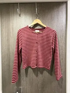 韓国 赤とピンクのストライプ長袖カーディガン