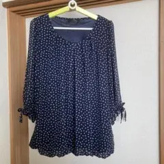 未使用　ネイビー　ブラウス　チュニック　七分袖　袖リボン　LL