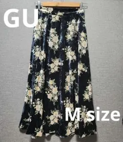 花柄 ロングフレアスカート ネイビー GU