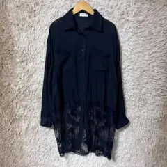 0808 ブラックレースシャツ 長袖 ロング丈 花柄