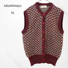 takashimaya ベスト　ニット　レッド　M 総柄　カジュアル