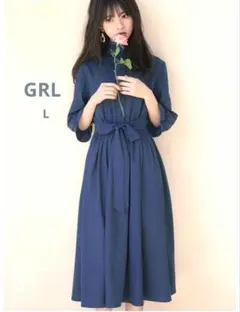 【GRL】フリルネック ロングシャツワンピース ネイビー L