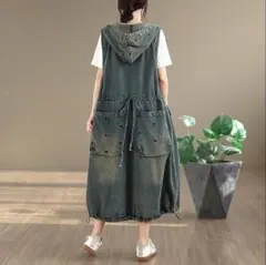 新品 大きいサイズ デニム ワンピース サロペット パーカー フード　⭐ハート