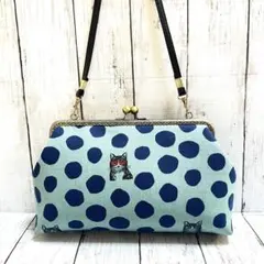 猫ドット柄　がま口バッグ　合皮ショルダー紐付き　ハンドメイド　エチノ