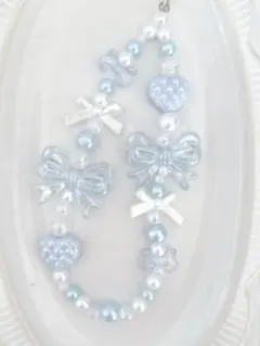 【現品限り】ブルーリボン×ハート〰︎︎ビーズストラップ C208