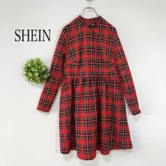【美品】SHEIN 【OXL】チェック柄 長袖 ワンピース チュニック　レッド系