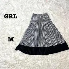 GRL 幾何学柄　プリーツフレアロングニットスカート　M　ブラック　ホワイト