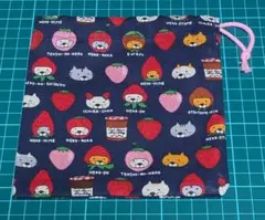 猫　巾着袋　ミニ巾着　ハンドメイド　いちご　紺　小物入れ