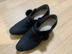 ファー付き黒ニットパンプス 中ヒール　23.5