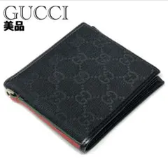 【美品】GUCCI GGキャンバス 二つ折り財布 ブラック シェリーライン