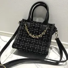 ツイード ショルダーバッグ ビジュー ブラック 2way チェーン