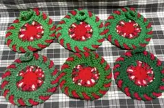 ハンドメイド かぎ針編み アクリルたわし 6枚セット クリスマスカラー