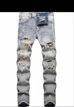 ライトブルー ダメージデニムパンツ