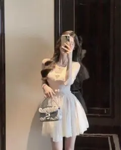 ホワイト レース ミニドレス Vネック