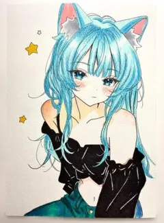 s*1様 【一点物】オリジナル手描きイラスト　アナログイラスト　猫耳女の子　空の s*1様 【一点物】オリジナル手描きイラスト アナログイラスト 小宇宙猫