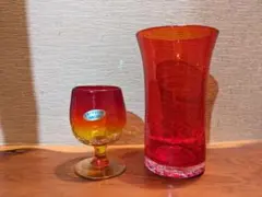 琉球ガラス グラス2個セット ワイングラス 赤と黄色 미사용
