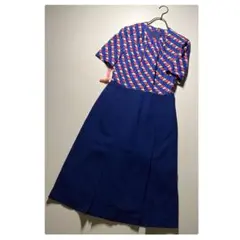 70s昭和レトロ 幾何学柄×ネイビー切替 ステンドグラス調 半袖ワンピ SM膝丈