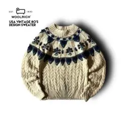 USA古着80's WOOLRICHノルディック柄ニットセーター花柄ケーブル編みのサムネイル