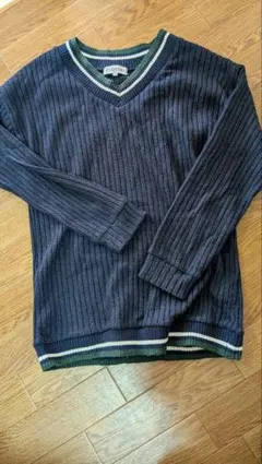 ネイビー リブ編み Vネックセーター LLサイズ