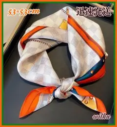 オレンジ ホワイト チェック柄 スカーフ 53×53cm